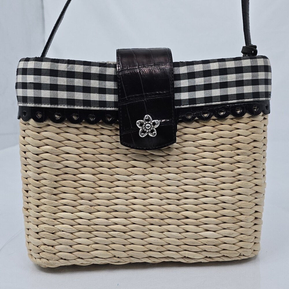 Brighton Rattan/Straw Bucket Bag Black Leather Checkered Fabric